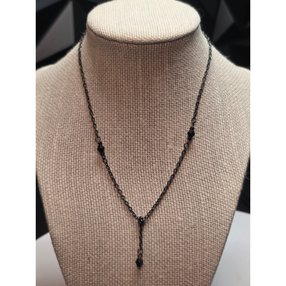 Gunmetal Black Bead Y-Necklace Minimalist Gothic Drop Chain 18 Inch